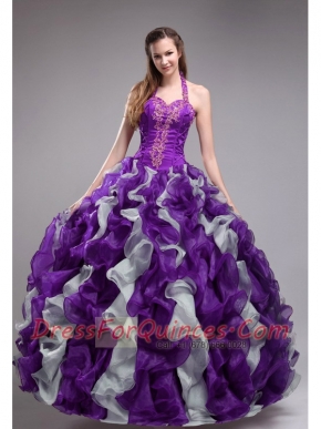 Classical Purple Ball Gown With Halter Orangza Applqiues and Ruffles Quinceanera Dress