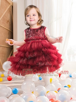 Scoop Mini Length Wine Red Flower Girl Dresses Tulle Sleeveless Ruffled Layers and Sequins