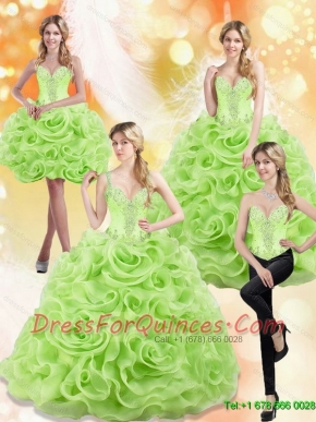 Modest Spring Green 2015 Sweet 15 Dresses with Beading and Rolling Flowers