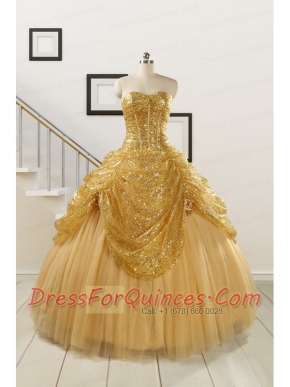 2015 Most Popular Sweetheart Sequined Quinceanera Dresses in Gold