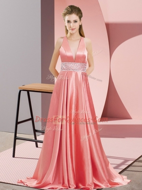 Glamorous Watermelon Red Elastic Woven Satin Backless Prom Dresses Sleeveless Brush Train Beading