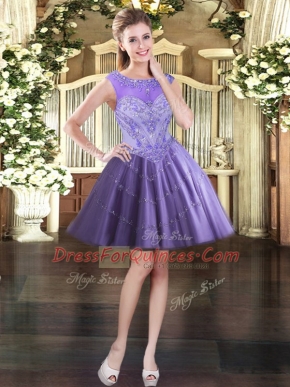 Luxury Ball Gowns Evening Dress Lavender Scoop Tulle Sleeveless Mini Length Lace Up