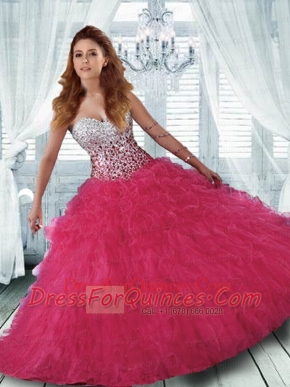 2015 Classical Hot Pink Quinceanera Dress with Beading and Ruffles