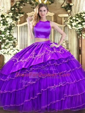Floor Length Two Pieces Sleeveless Purple Sweet 16 Dress Criss Cross