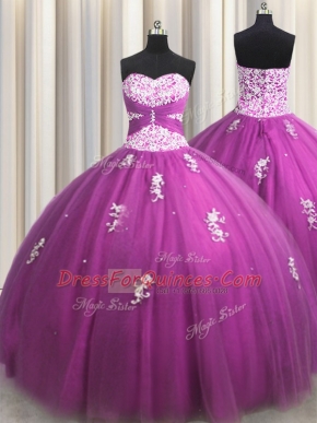 Designer Fuchsia Tulle Lace Up Sweetheart Sleeveless Floor Length Ball Gown Prom Dress Beading and Appliques