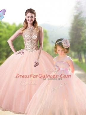 Peach Scoop Lace Up Beading Ball Gown Prom Dress Sleeveless