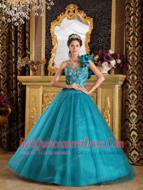 Teal A-Line/Princess One Shoulder Floor-length Tulle Beading Quinceanera Dress