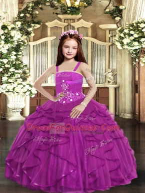 Fuchsia Sleeveless Beading and Ruffles Floor Length Kids Formal Wear