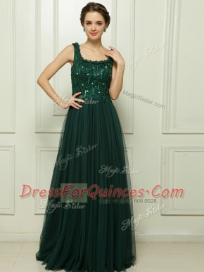 Dark Green Sleeveless With Train Beading Zipper Dress for Prom