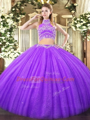 Super Lavender Sweet 16 Dress Military Ball and Sweet 16 and Quinceanera with Beading High-neck Sleeveless Backless