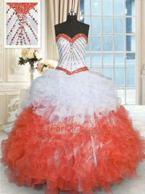 Custom Design White And Red Organza Lace Up Sweetheart Sleeveless Floor Length Quince Ball Gowns Beading and Ruffles