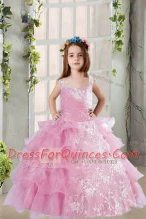 Elegant Lilac Ball Gowns Organza Square Sleeveless Lace and Ruffled Layers Floor Length Lace Up Girls Pageant Dresses