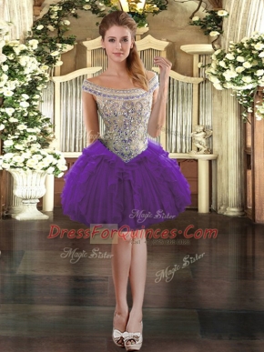 Flare Mini Length Zipper Casual Dresses Purple for Prom and Party with Beading and Ruffles