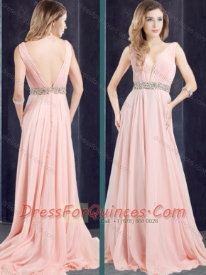 Cheap Chiffon Belted with Beading Prom Dress with Deep V Neckline