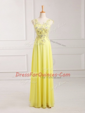 Cheap Yellow Prom Party Dress Chiffon Sleeveless Lace and Appliques
