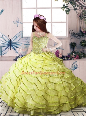 Elegant Straps Sleeveless Zipper Little Girls Pageant Dress Wholesale Yellow Green Organza