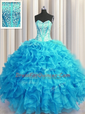 Beauteous Visible Boning Bling-bling Sweetheart Sleeveless Quinceanera Gown Floor Length Beading and Ruffles Baby Blue Organza