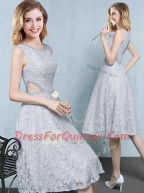 Free and Easy Scoop Lace Sleeveless Knee Length Dama Dress and Beading