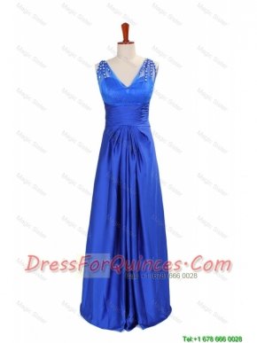 cheap 2016 Winter New Empire V Neck Blue Prom Dresses with Beading