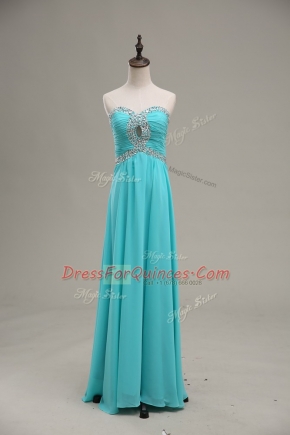 Aqua Blue Empire Chiffon Sweetheart Sleeveless Beading and Ruching Floor Length Lace Up