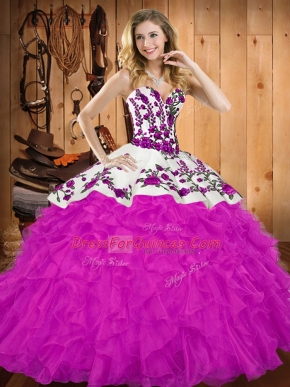 Floor Length Lace Up Vestidos de Quinceanera Fuchsia for Military Ball and Sweet 16 and Quinceanera with Embroidery and Ruffles