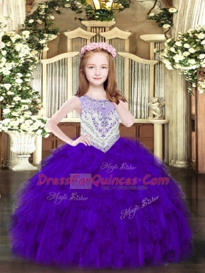 Wonderful Purple Ball Gowns Beading and Ruffles Little Girl Pageant Gowns Zipper Organza Sleeveless Floor Length
