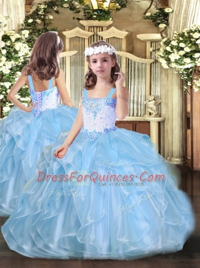 Ball Gowns Pageant Dress for Girls Baby Blue Straps Organza Sleeveless Floor Length Lace Up