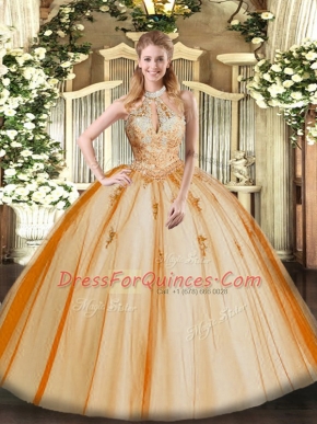 Orange Red Ball Gowns Tulle Halter Top Sleeveless Lace and Appliques Floor Length Lace Up Quinceanera Gowns