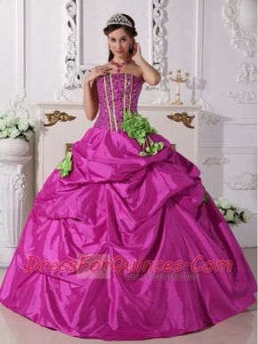 Sweet 16 Dresses In Fuchsia Ball Gown Strapless With Taffeta Beading and Hand Made Flowers