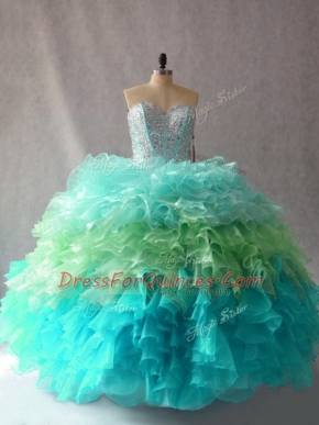 Custom Made Multi-color Organza Lace Up Sweetheart Sleeveless Floor Length Quinceanera Dress Beading and Ruffles