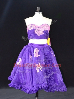 Delicate Sleeveless Organza Mini Length Zipper Prom Dress in Purple with Appliques and Ruffles