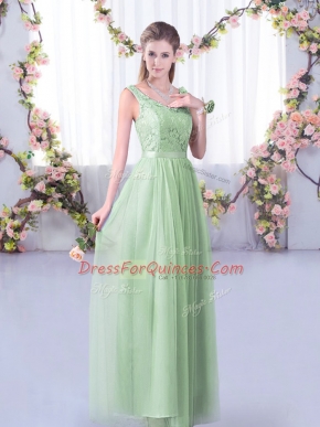 New Style Apple Green Sleeveless Floor Length Lace and Belt Side Zipper Dama Dress