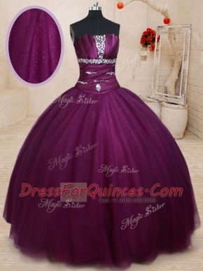 Dark Purple Tulle Lace Up 15th Birthday Dress Sleeveless Floor Length Beading