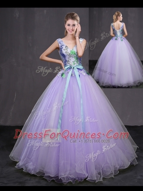 Great Lavender Tulle Lace Up Quinceanera Gown Sleeveless Floor Length Beading and Belt