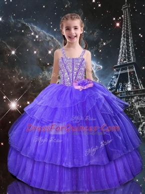Top Selling Eggplant Purple Organza Lace Up Kids Formal Wear Sleeveless Floor Length Beading and Ruffled Layers