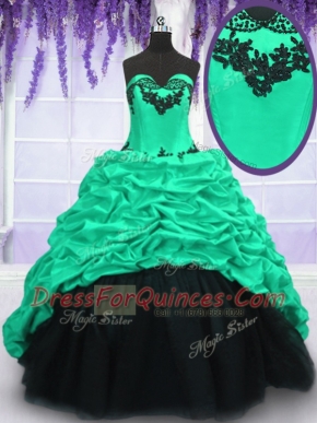 Turquoise Sleeveless With Train Appliques and Ruffles and Pick Ups Lace Up Sweet 16 Quinceanera Dress