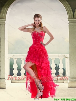 Coral Red Ball Gown Strapless Christmas Party Dresses with Ruffles and Beading