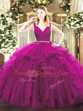 Fuchsia Sleeveless Floor Length Beading and Ruffles Zipper 15 Quinceanera Dress