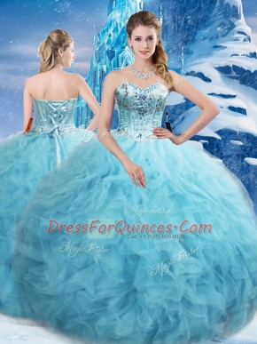 Graceful Aqua Blue Tulle Lace Up Sweet 16 Quinceanera Dress Sleeveless Floor Length Beading and Pick Ups