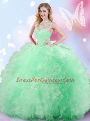 Excellent Apple Green Quinceanera Dresses Military Ball and Sweet 16 and Quinceanera and For with Beading and Ruffles and Sequins High-neck Sleeveless Zipper