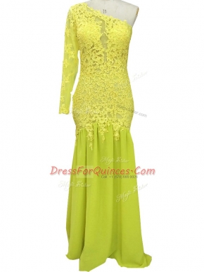 Beauteous Brush Train Column/Sheath Prom Party Dress Yellow One Shoulder Chiffon Long Sleeves Side Zipper