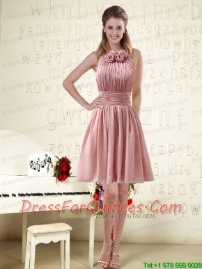 Halter Ruching and Handmade Flowers Empire Chiffon Prom Dresses