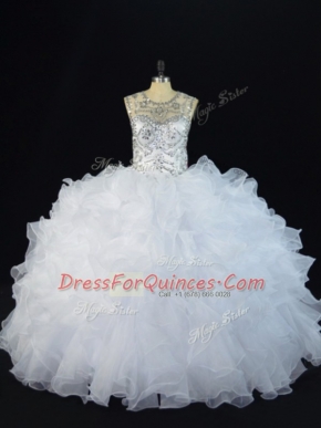 Simple Floor Length Lace Up Ball Gown Prom Dress White for Sweet 16 and Quinceanera with Beading and Ruffles