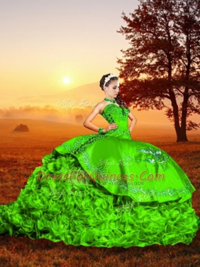 Green Quinceanera Dress Military Ball and Sweet 16 and Quinceanera with Embroidery and Ruffles Sweetheart Sleeveless Brush Train Lace Up