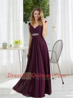 Empire 2015 Dark Purple Ruching Dama Dress with Cap Sleeves