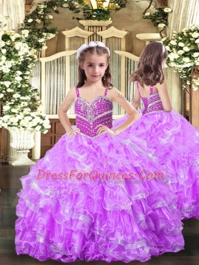Lilac Ball Gowns Organza Straps Sleeveless Beading and Ruffles Floor Length Lace Up Kids Formal Wear