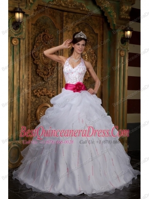 White A-line Halter Floor-length Organza Beading Quinceanera Dress