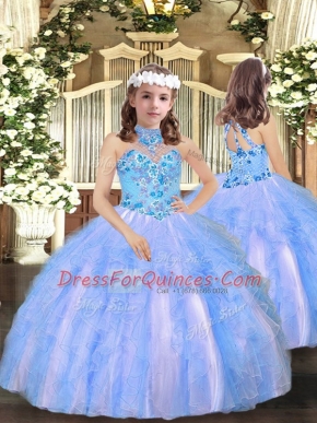 Appliques and Ruffles Glitz Pageant Dress Blue Lace Up Sleeveless Floor Length