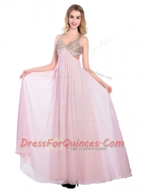 V-neck Sleeveless Tulle Prom Dresses Beading and Bowknot Criss Cross