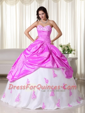 Hot Pink And White Ball Gown Sweetheart 15th Birthday Dresses with  Taffeta Appliques